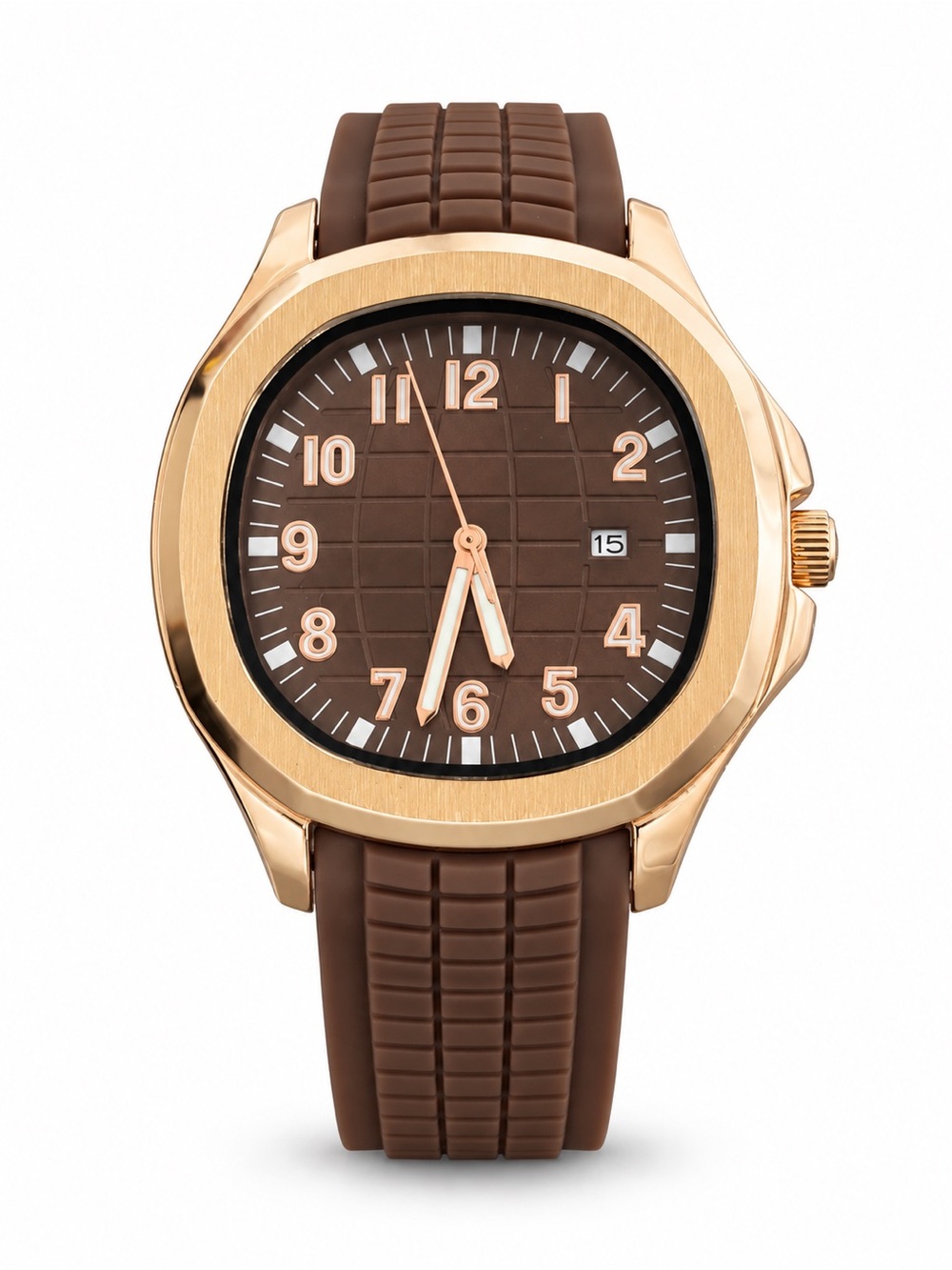 Luxury Rose Gold Tone Sport Watch • Brown Dial • Rubber Strap • 40mm